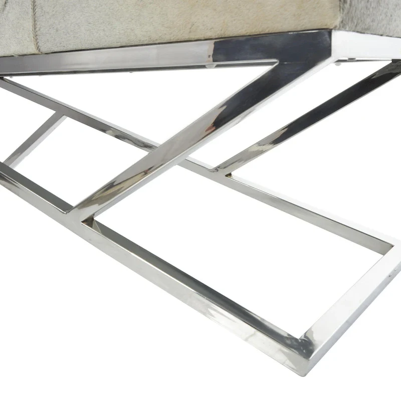 Leather Geometric Home Bench with Angled Silver Metal Base - Light Grey