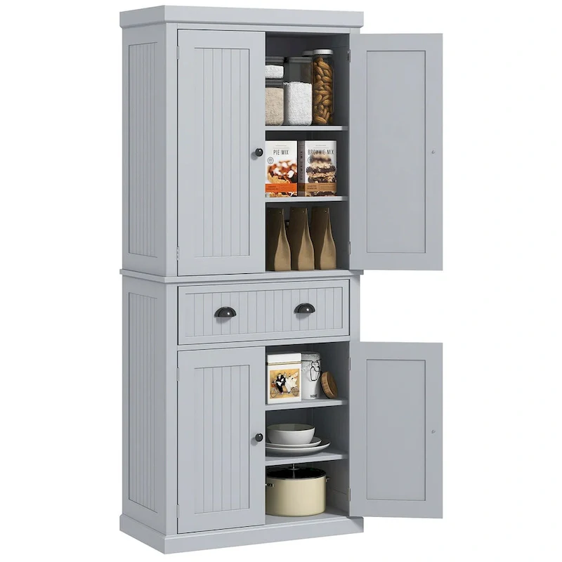 72  Kitchen Pantry Storage Cabinet, Traditional Freestanding Cabinet with 4 Doors and 3 Adjustable Shelves, Large Central Drawer