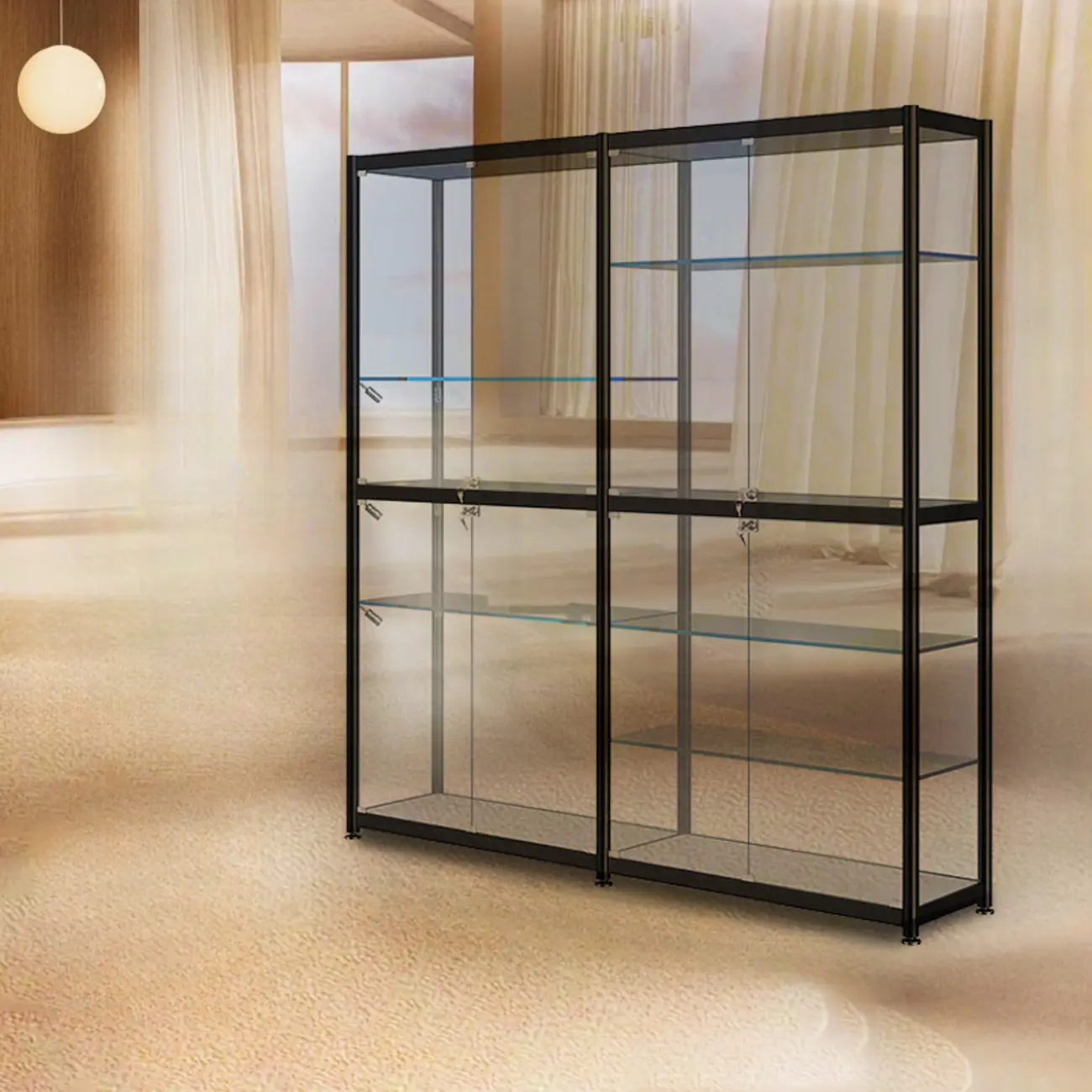 Modern Black Clear Glass LED Adjustable Display Cabinet