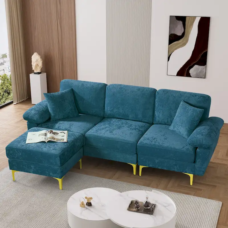 Upholstered Velvet Sectional Sofa with Pillows & Ottoman