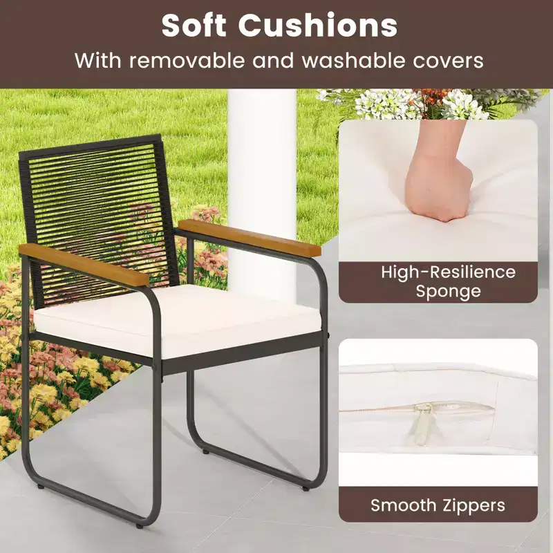 Costway 3 PCS Patio Furniture Set with Round Tempered Glass Top Table Armrests & Cushions