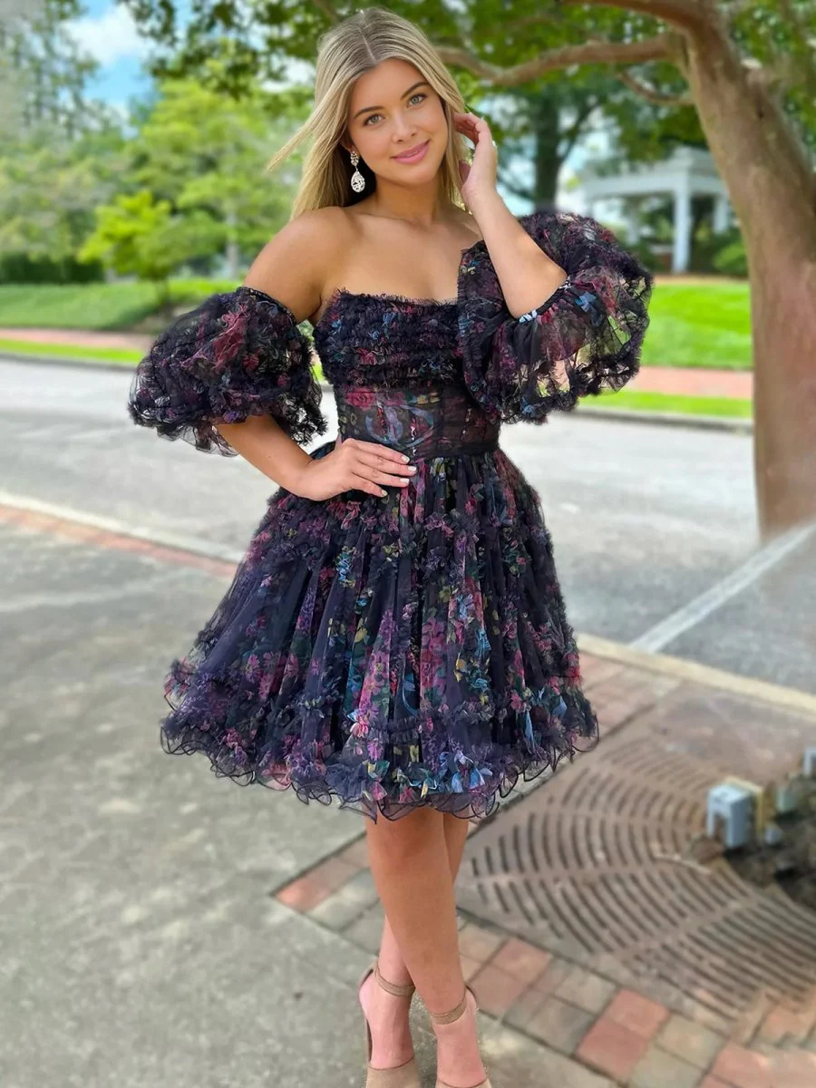 Blue Puff Sleeves Ruffles A-line Prints Homecoming Dress
