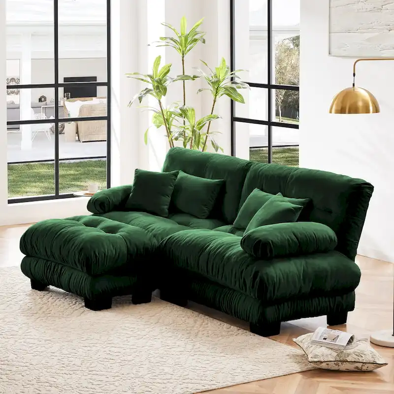 L Shaped Loveseat Sofa Chenille Sectional Couch with Lumbar Pillows