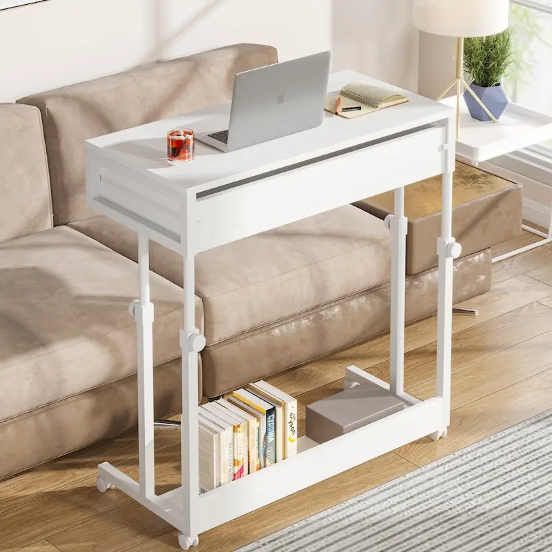 Height-Adjustable Side Table with Drawers and Wheels