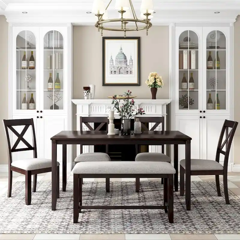 Espresso/Brown/Grey Rectangular Dining Set with Bench & 4 Chairs, Seats 6