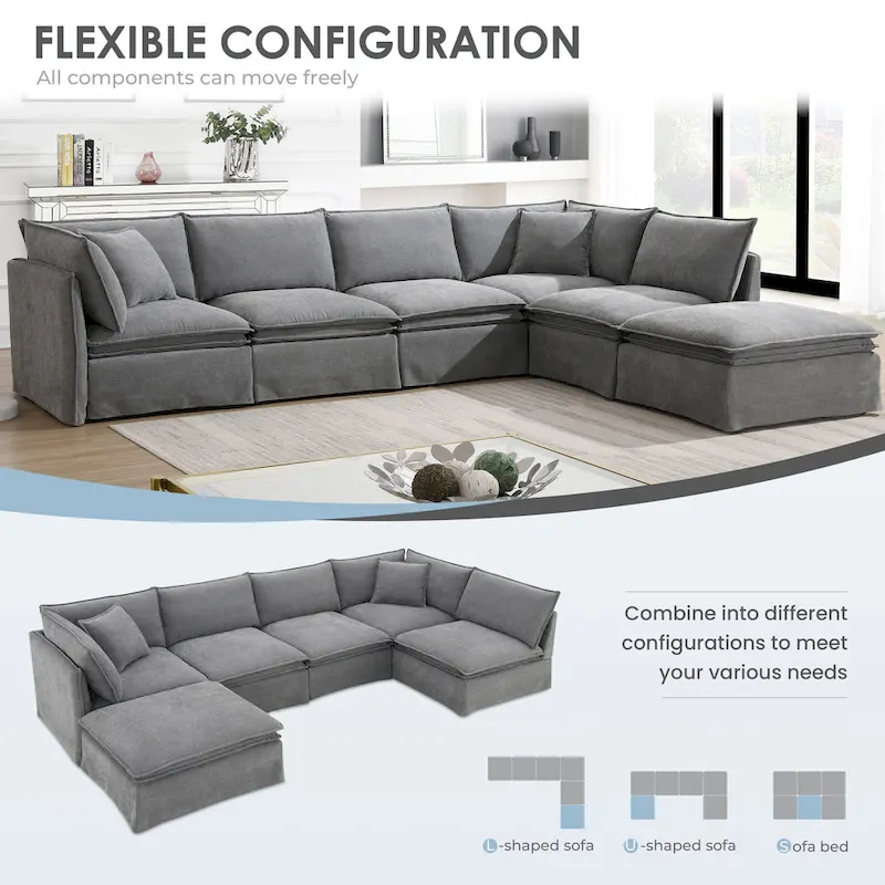 L Shaped Modular Sectional Chenille Sofa with Movable Ottoman