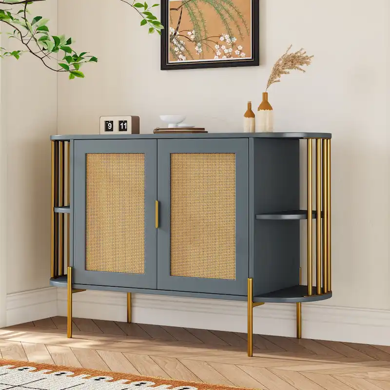 2-Door Curved Sideboard, Natural/Blue, Rattan & Gold Trim, 1-Unit