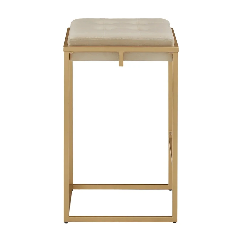 Backless Velvet Button-Tufted Bar Stool with Gold Metal Base & Footrest – Beige / Blue / Green, Counter / Bar Height
