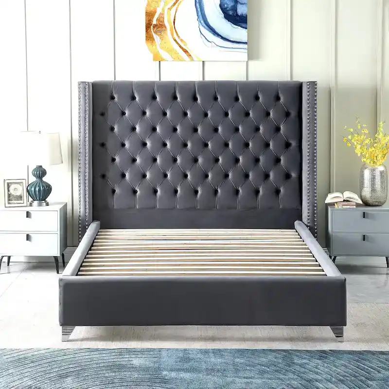 King Velvet Upholstered Bed with Deep Button Tufting