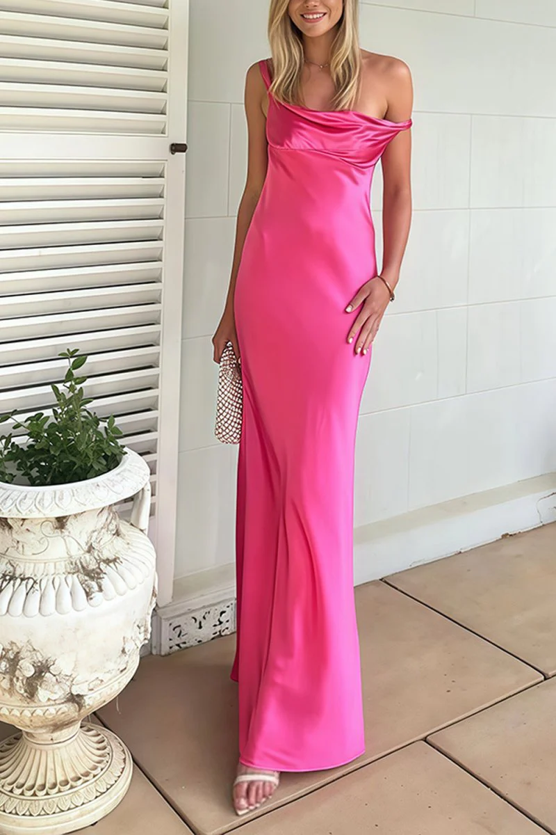 Fuchsia - One Shoulder Sheath Satin Long Prom Dresses