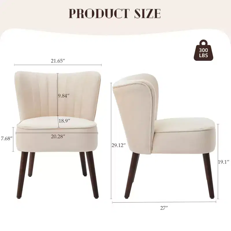 Modern Armless Accent Chair - Mid-Century Soft Upholstered Lounge & Dining Chair with Plain Wood Legs for Living Room, Bedroom, Office & Vanity