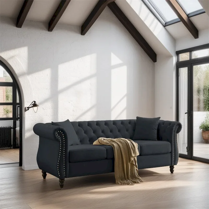 3-Seater Velvet Sofa with Rolled Arms and Nailhead Trim