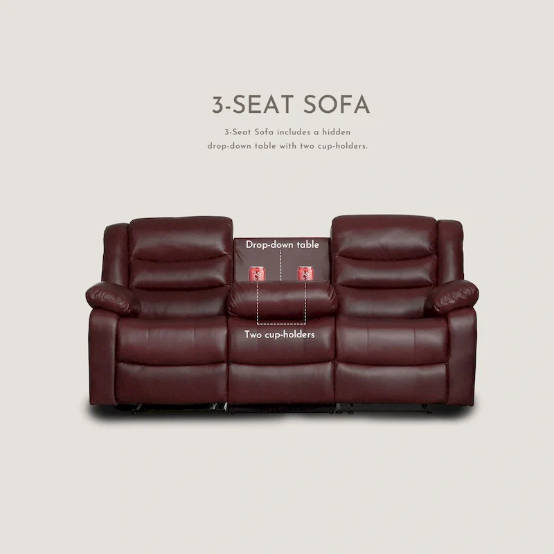 Manual Reclining 3-Piece Living Room Sofa Set - Sofa with Dropdown Table, Loveseat with Console, and Recliner