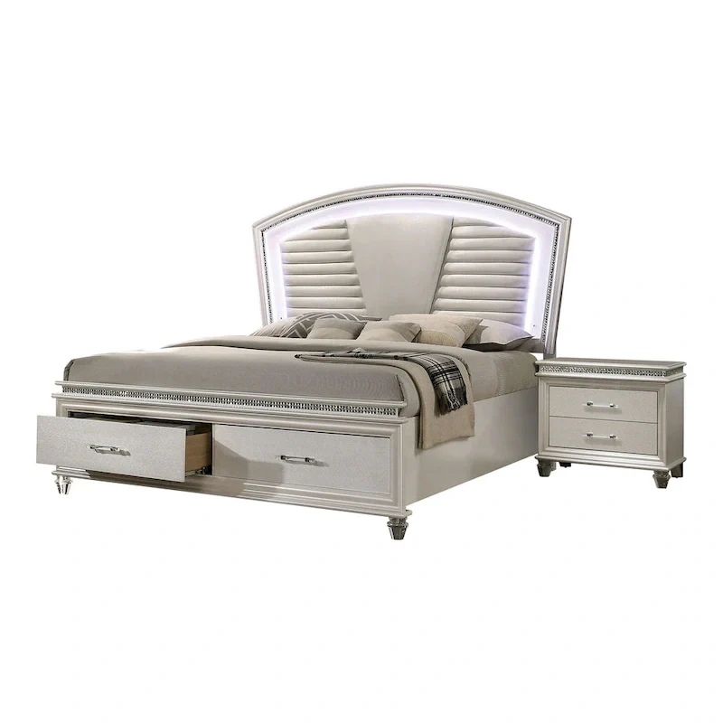 White Glam Platform Bed Set with LED Headboard – 2-Piece, for 1–2 People
