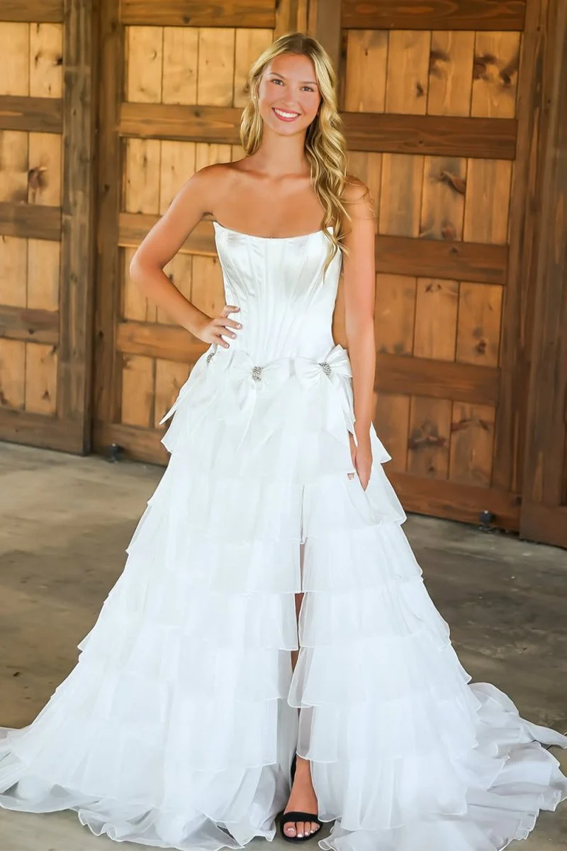 White - Scoop Neck A Line Chiffon Tiered Prom Dresses With Bowknot