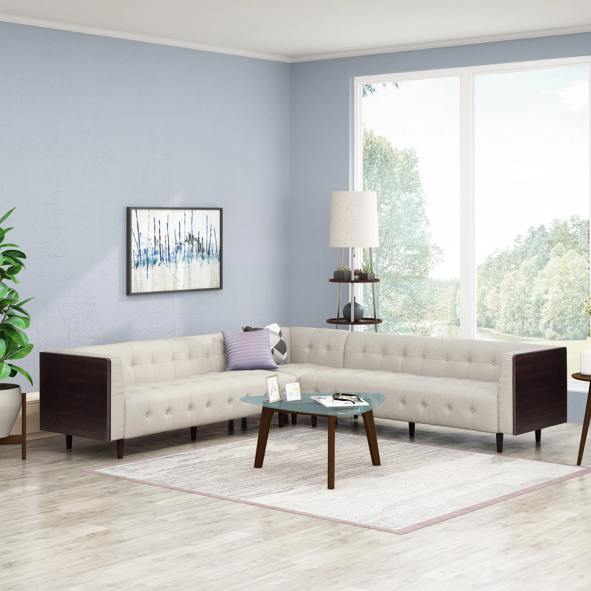 Mid-Century Modern Fabric Tufted Sectional Sofa Set - NH583413