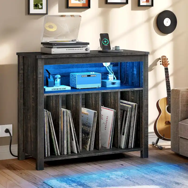 Oak / Brown Record Player Stand with LED Lights, Power Outlets & Album Storage
