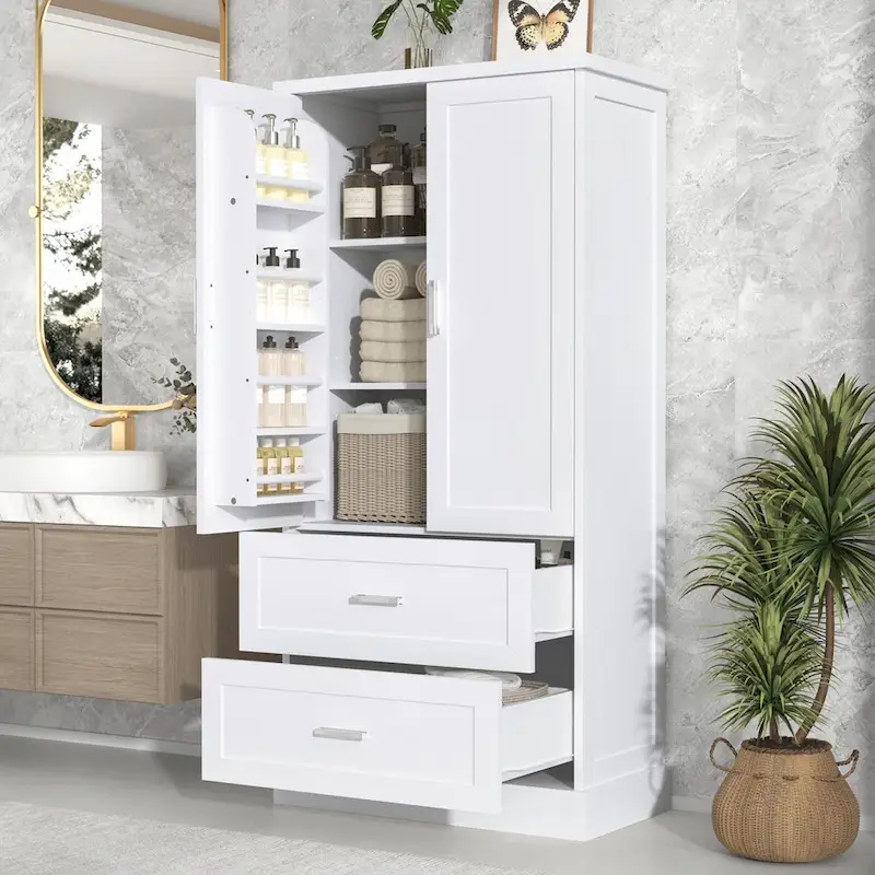 64 Tall Bathroom Storage Cabinet with Two Doors, Drawers