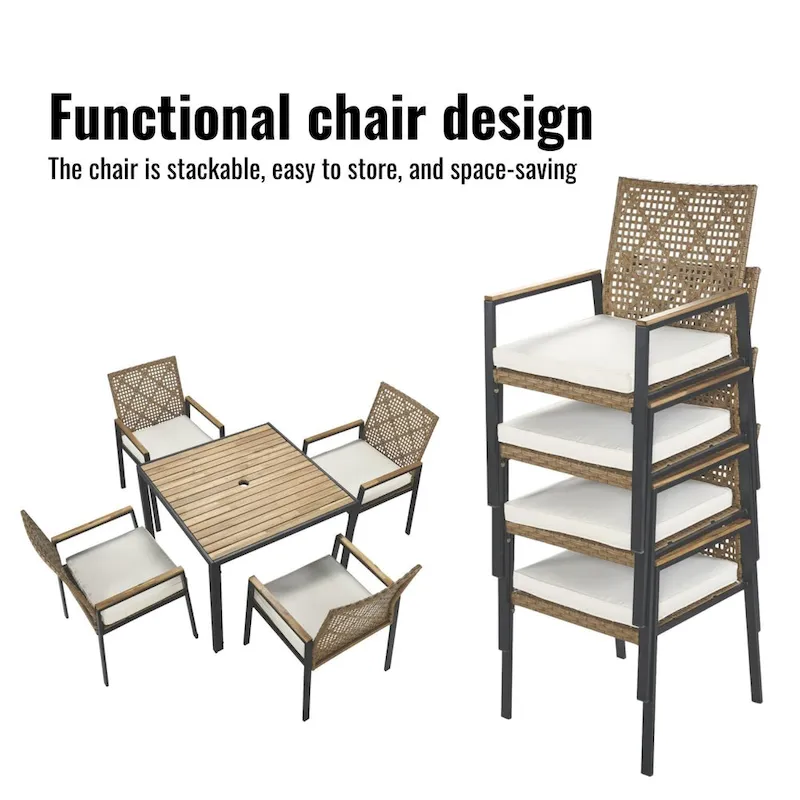 All Weather 5-Piece Patio Dining Set with Umbrella Hole and Acacia Wood Table Top