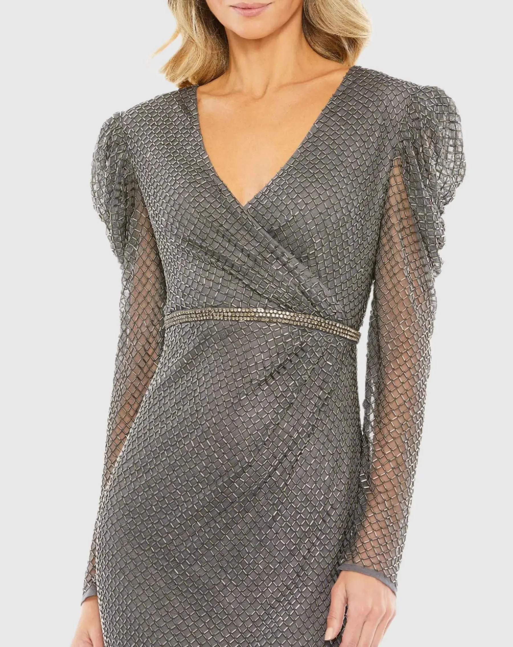 Gray Beaded Wrap Over Puff Sleeve Dress