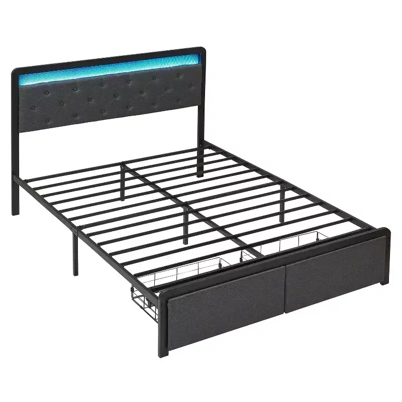 LED Queen Bed Frame with 2 Storage Drawers - Upholstered Platform Bed with Headboard, Strong Metal Support Slats, No Box Spring Needed