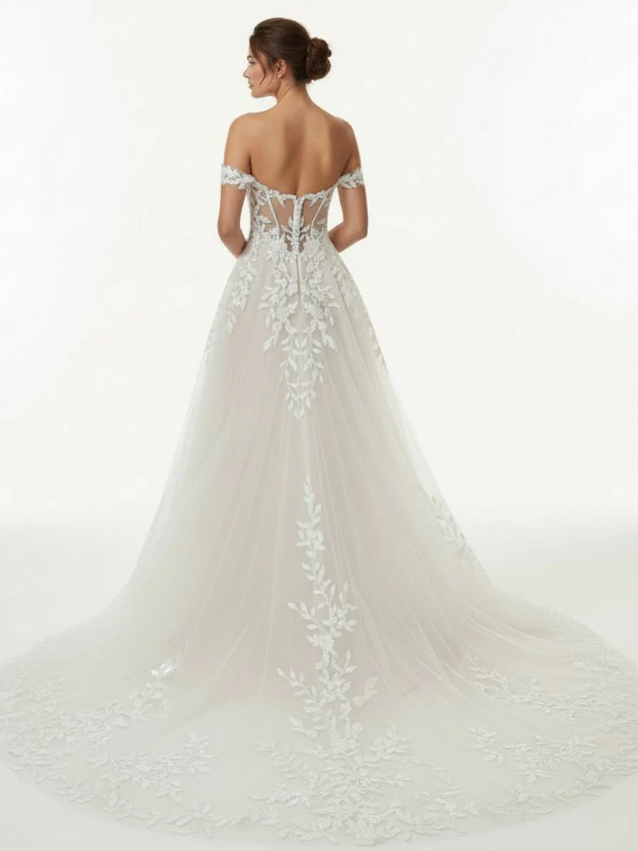 A-line Lace Beach Wedding Dress with Off Shoulder Tulle Appliques