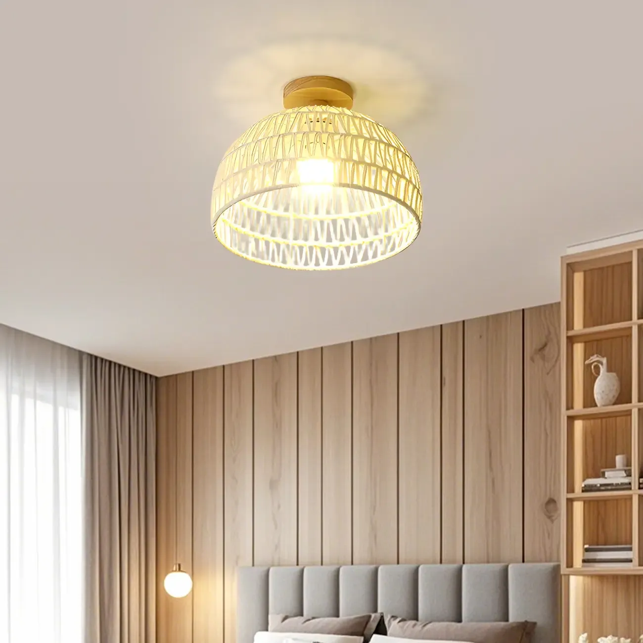 Natural Finish Semi Flush Ceiling Light with Rope Dome Shade