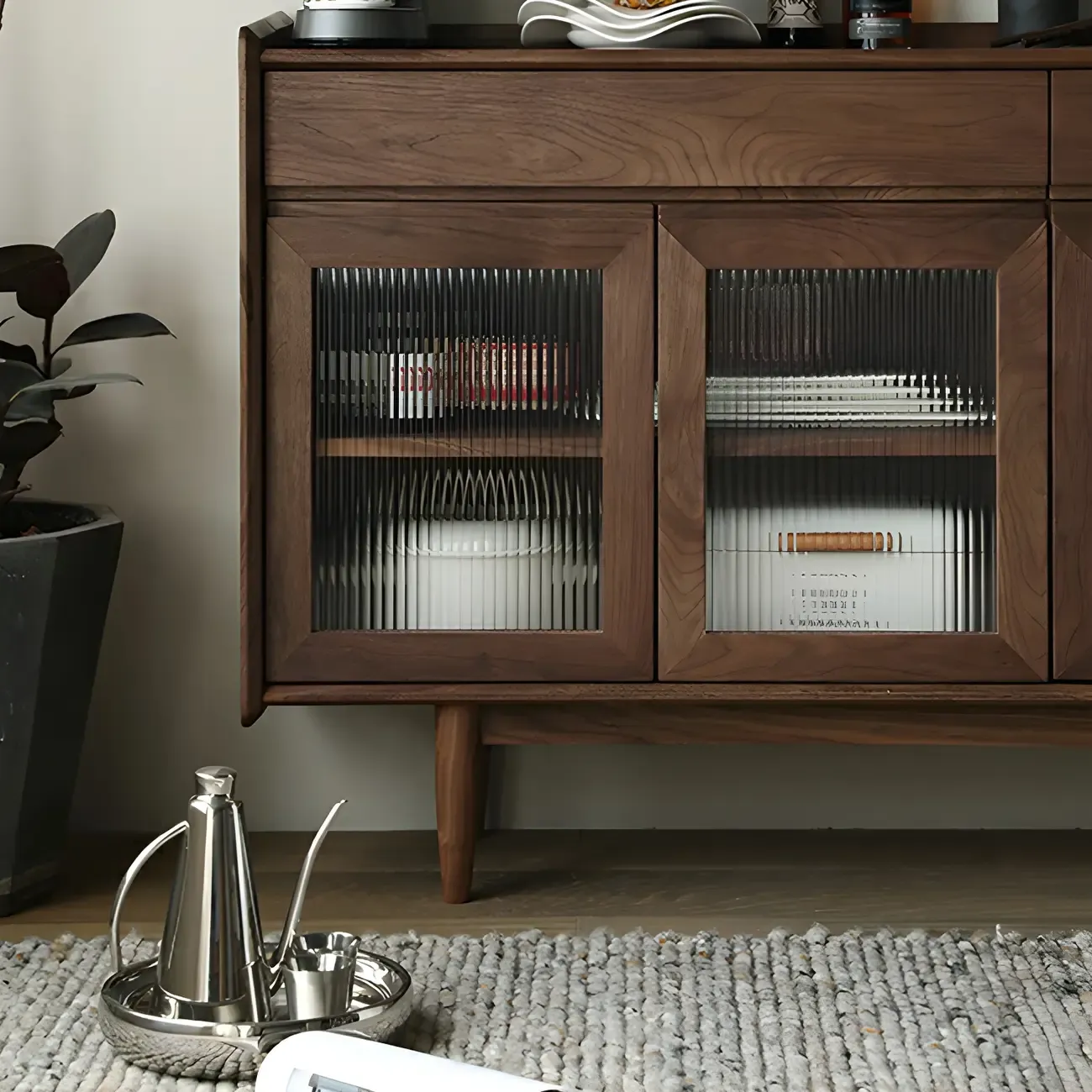 Modern Dark Brown Pine Wood Sideboard with Drawers