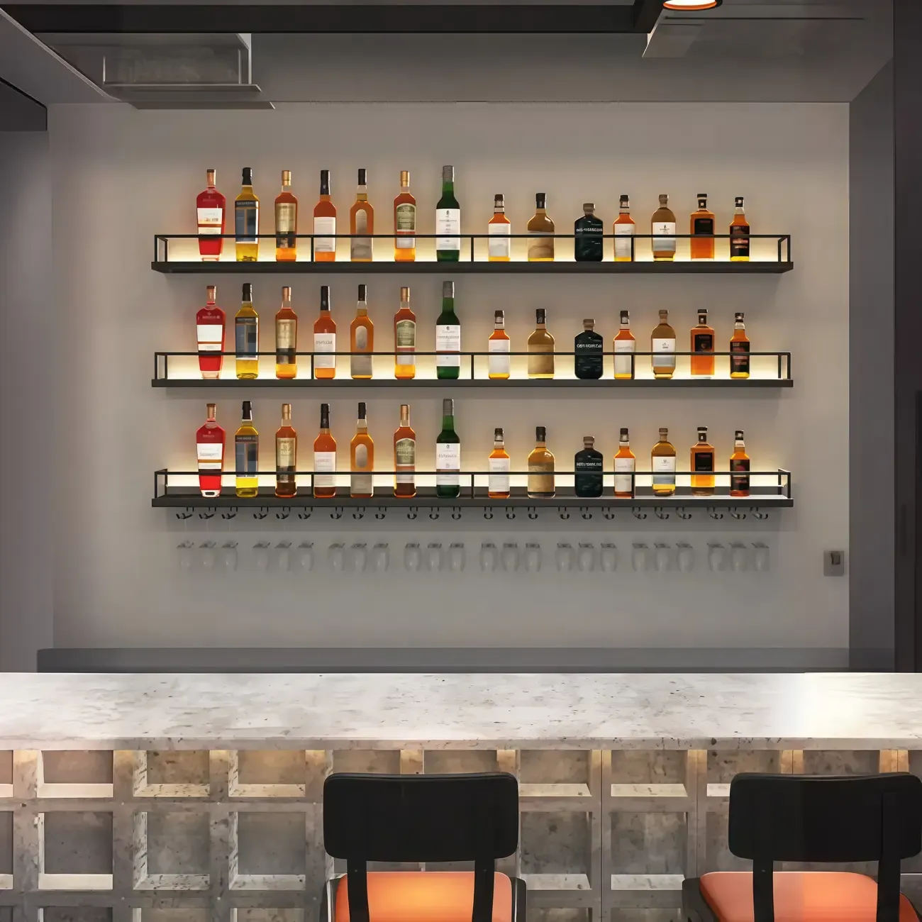 Wall-Mounted LED light Metal Open Wine Rack with Hook and Shelf