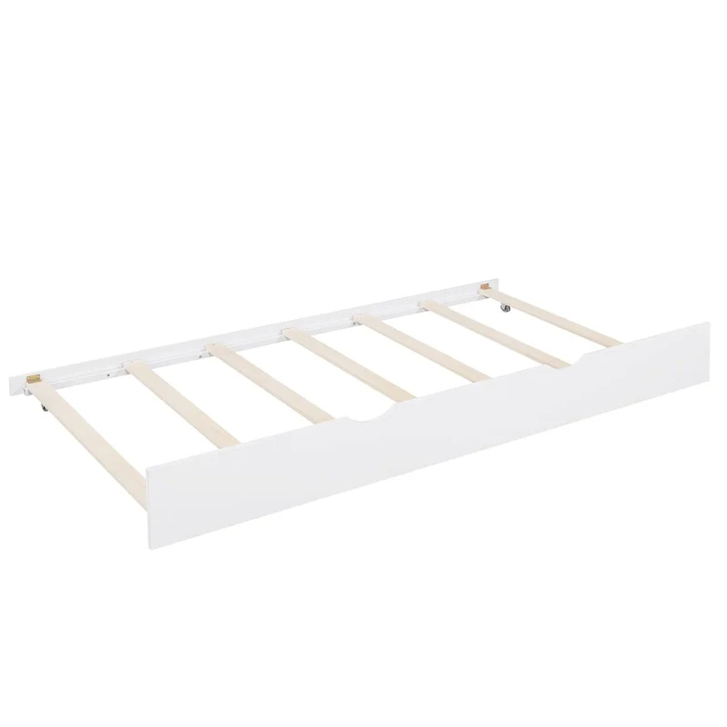 White Pinewood Kids House Platform Bed with Trundle, Shelf, and Roof