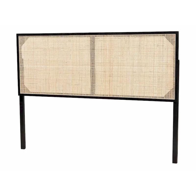 Natural Brown / Black Bohemian Rattan Headboard, Queen, 1-Person