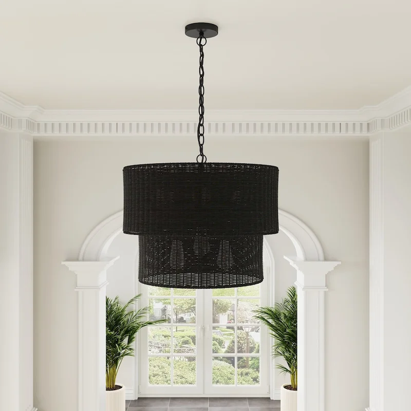 Farmhouse Matte Black Hand-Woven Rattan Craft Pendant Light