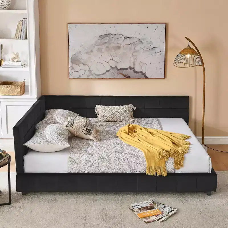 MAYEERTY Queen Size Upholstered Tufted Bed Frame with Backrest and Armrests Velvet for Bedroom Black