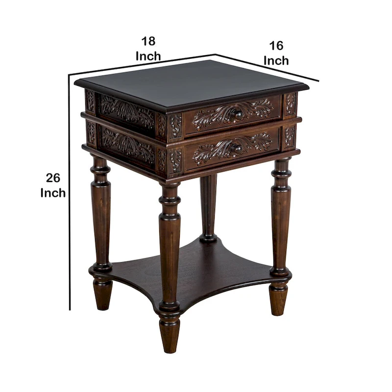 2 Drawer End Table with Intricate Carvings and Open Bottom Shelf, Brown