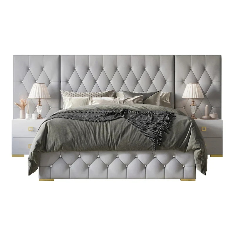 Bedroom Nightstands Luxurious Velvet Tufted Platform Bed