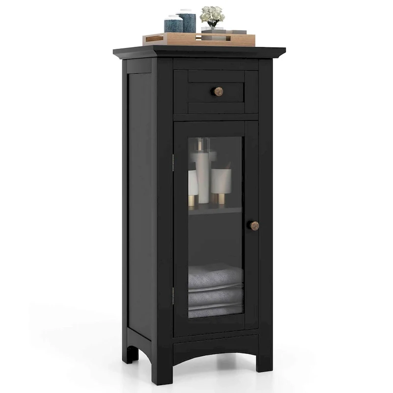 Brown/Black Single-Door Floor Cabinet with Glass Door & Drawer