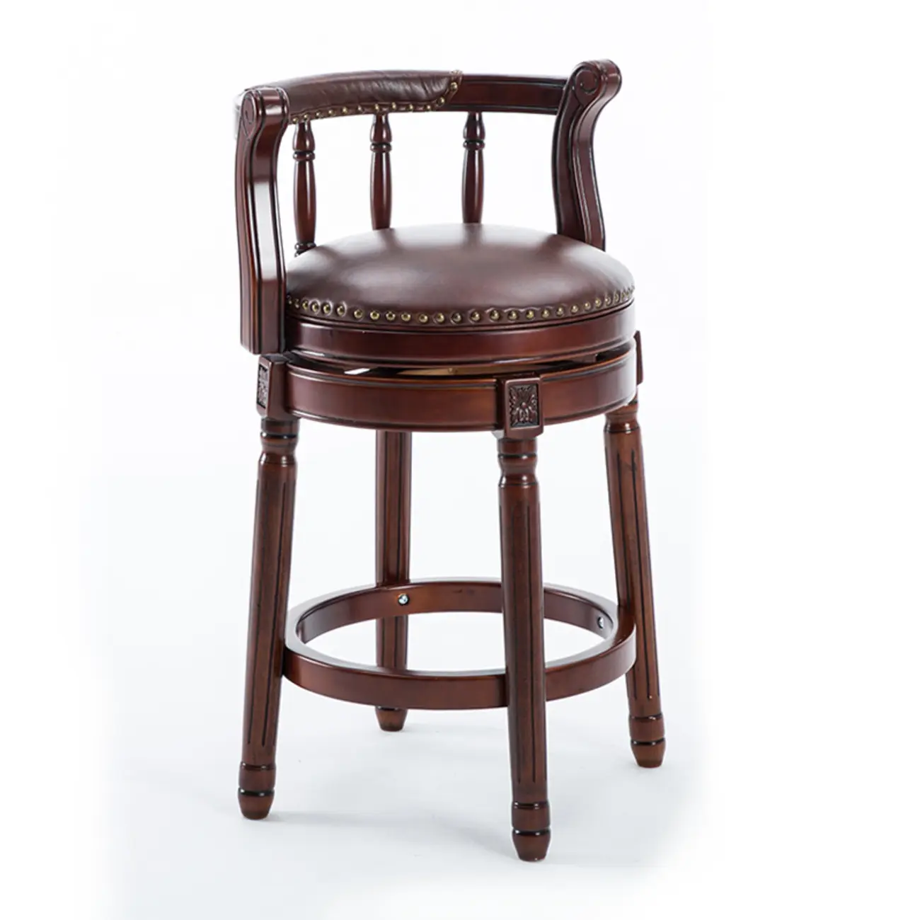 Swivel Counter Height Bar Stools in Genuine Leather & Walnut Solid Wood