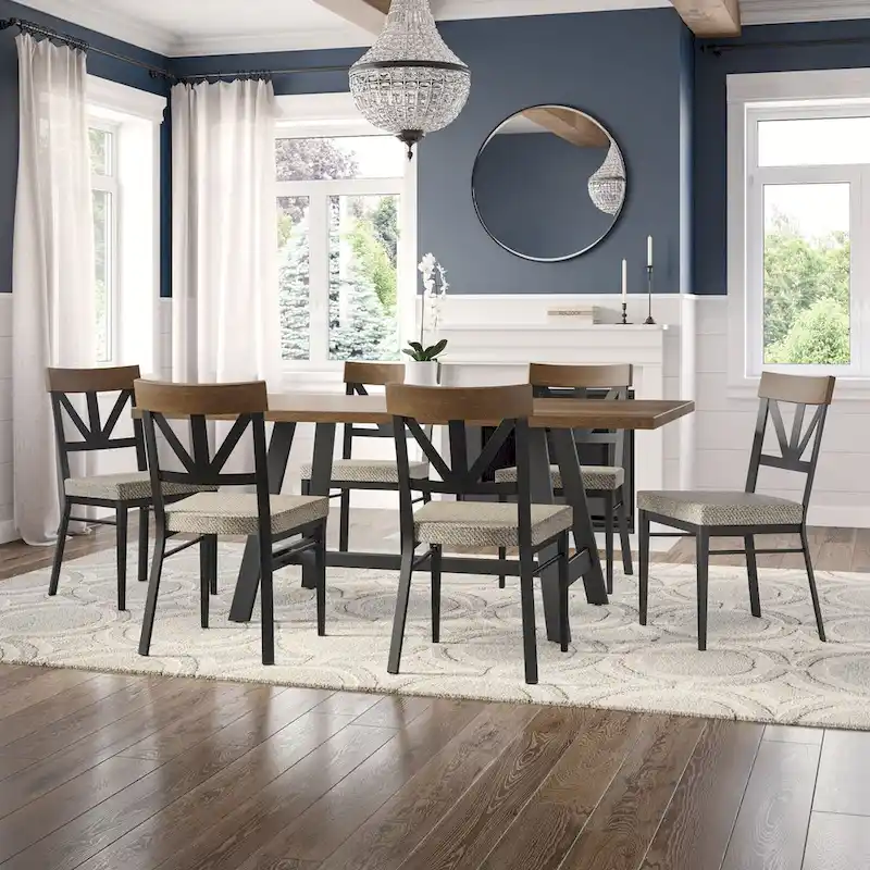 Solid Wood Dining Table with Metal Trestle Base