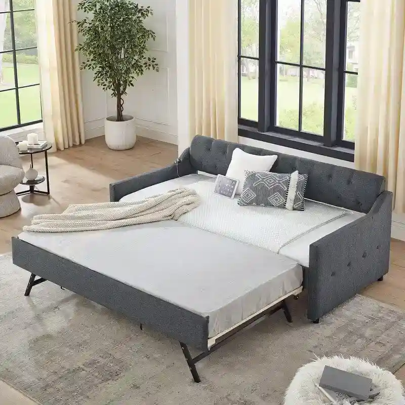 Twin Size Linen Upholstery Daybed with Twin Size Trundle and USB Charging