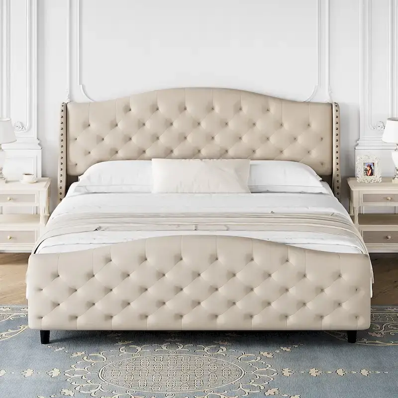 Bed Frame With Velvet Upholstered Headboard And Footboard