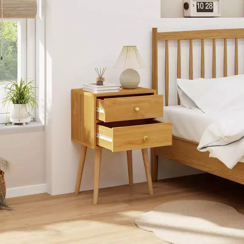 Costway Mid Century Modern 2 Drawers Nightstand In Natural Sofa Side Table End Table