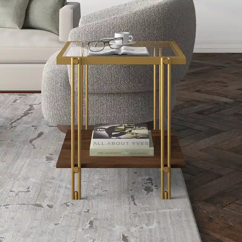 Brass / Blackened Bronze / Brass Walnut Geometric Steel & Glass Side Table – Single