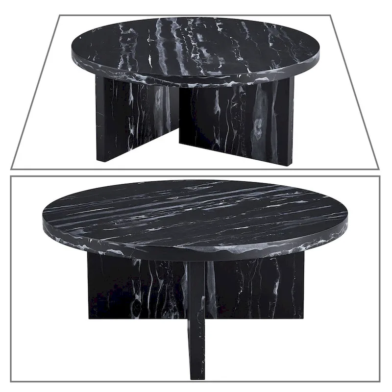 Modern Stylish Wooden Round Coffee Table with Imitation Marble Veneer Surface