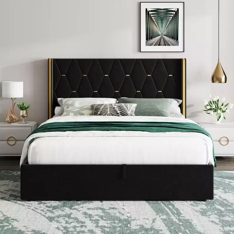 Full Size Lift Up Storage Bed Frame, Modern Velvet Upholstered Platform Bed Frame with Wingback Headboard, No Box Spring Needed