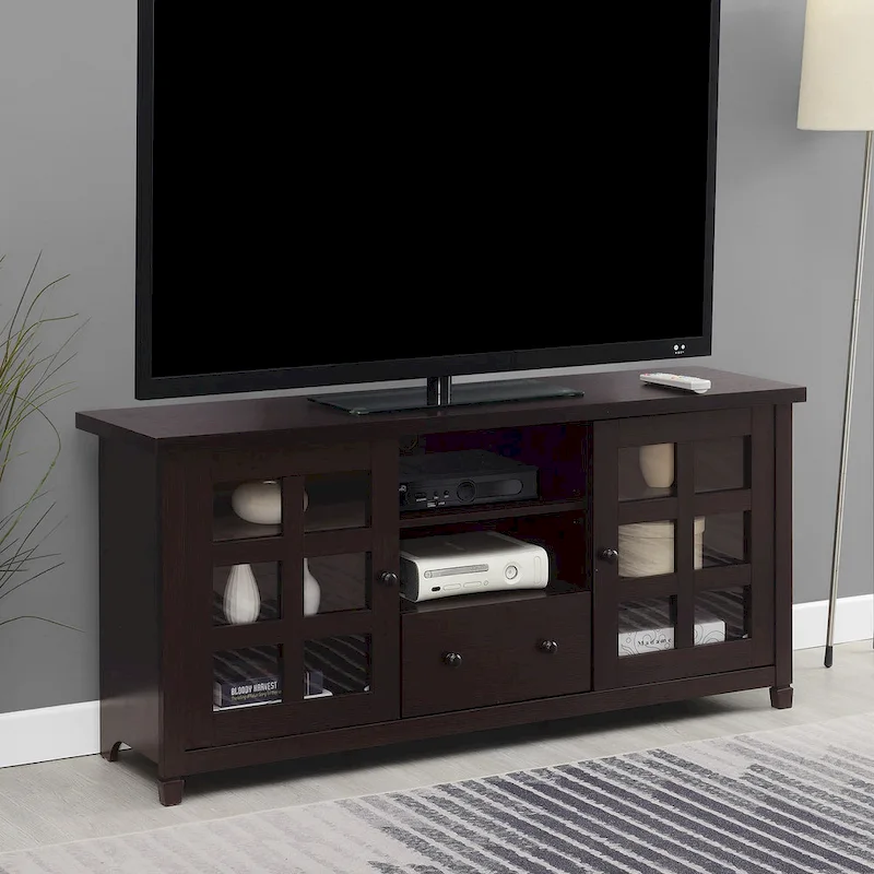 TV Stand with Glass Cabinets, Shelves & Drawer – Espresso / Black / White / Weathered Grey / Driftwood / Ivory / Barnwood, Transitional Style
