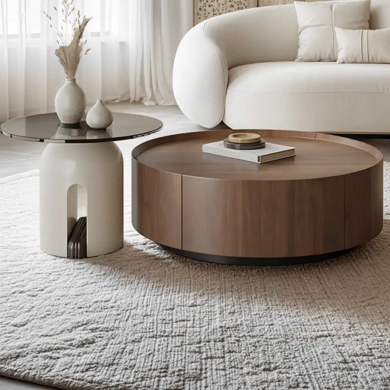Brown Modern Stylish Round Wood Drawer Coffee Table