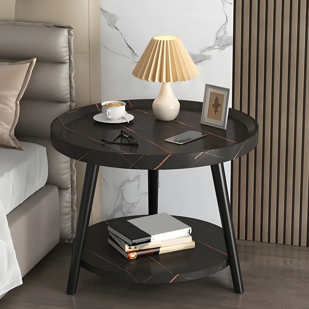 Natural Espresso Wood Small Round End Side Table with Tray Top & Shelf