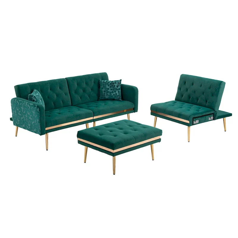 Polyester Upholstered Tufted Sleeper L-Shaped Sectional Sofa With Ottoman