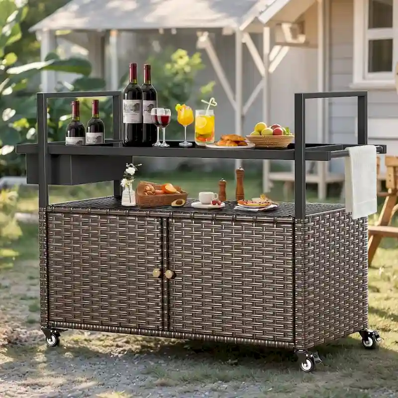 Brown/Grey Wicker Outdoor Rolling Grill Cart with Wheels, 2-Person Serving Station