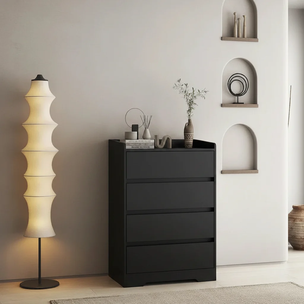 Modern 4-Drawer Wooden Dresser Cabinet – E1 Particle Board, Anti-Tip Kit, 25.59W x 38.38H